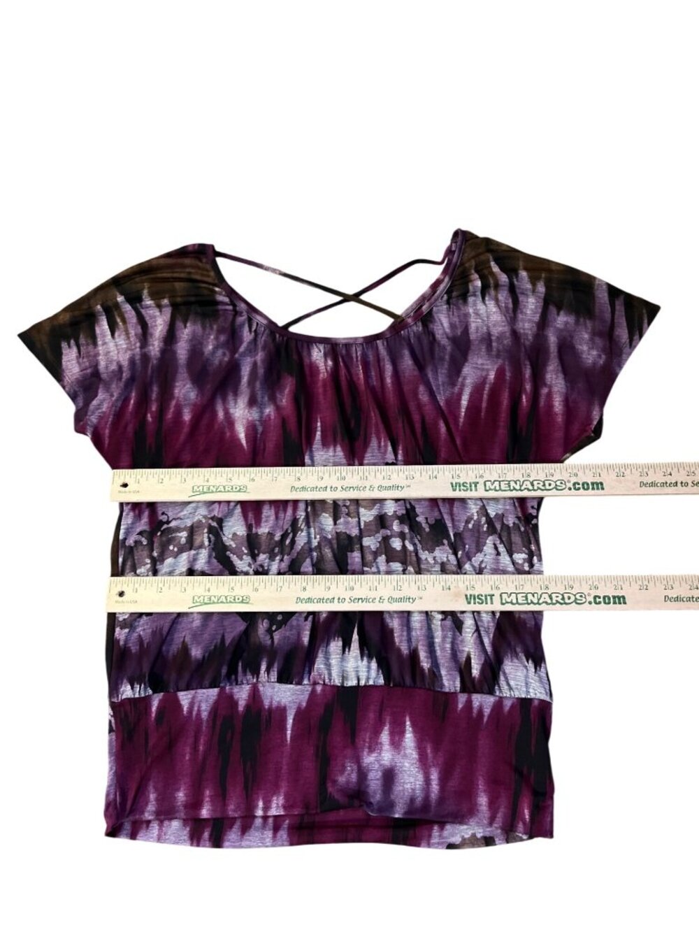 AB Studio Blouse Womens M Purple Black Stretch Criss Cross Back Used - Picture 9 of 10
